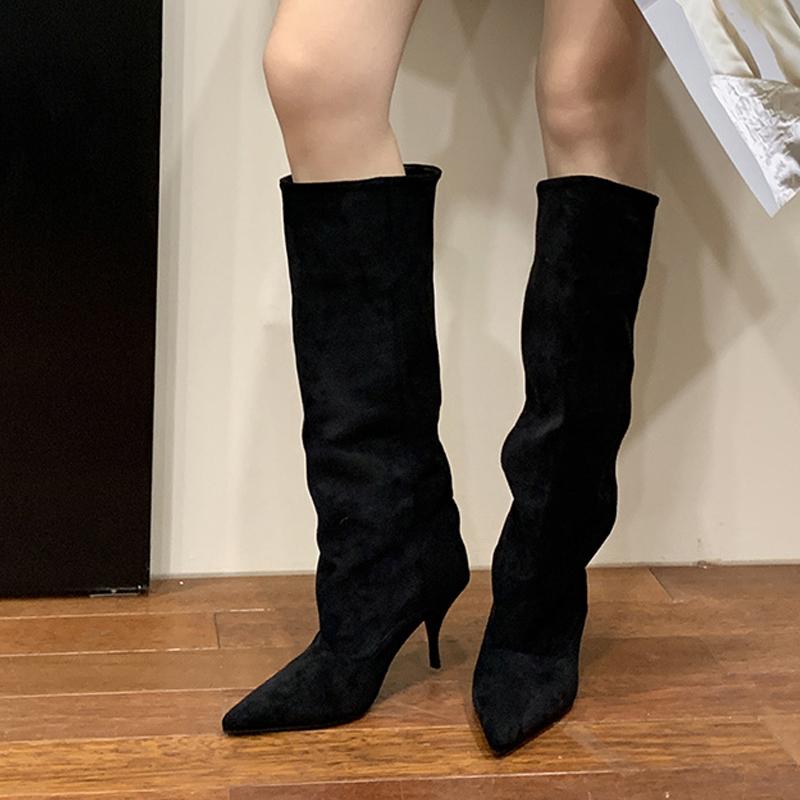 Fashion Liyke Fashion Slim Black Knee-High Women Boots Street Style Pointed Toe Thin Kitten Heels Ladies Shoes Punk Vintage Long Booties
