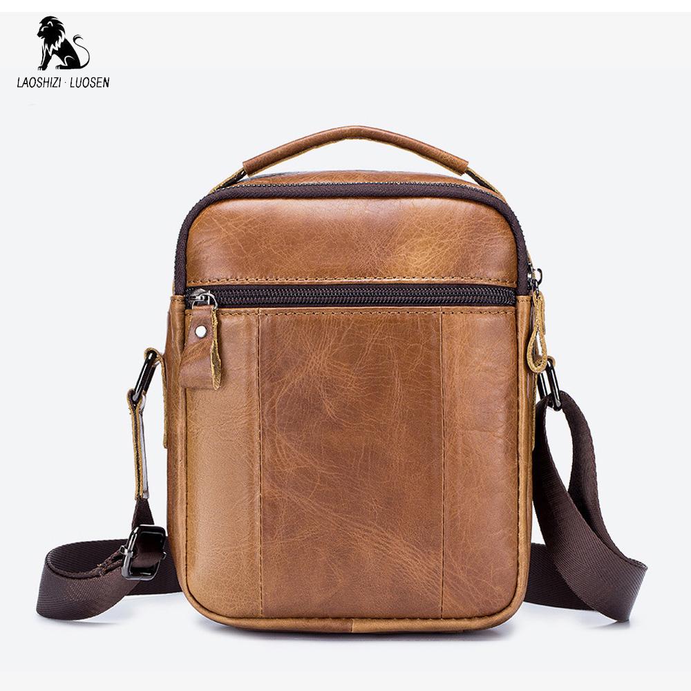 LAOSHIZI Genuine Leather Men's Crossbody Shoulder Bag Vintage Cowhide Messenger Bag for Male Small Casual Handbag