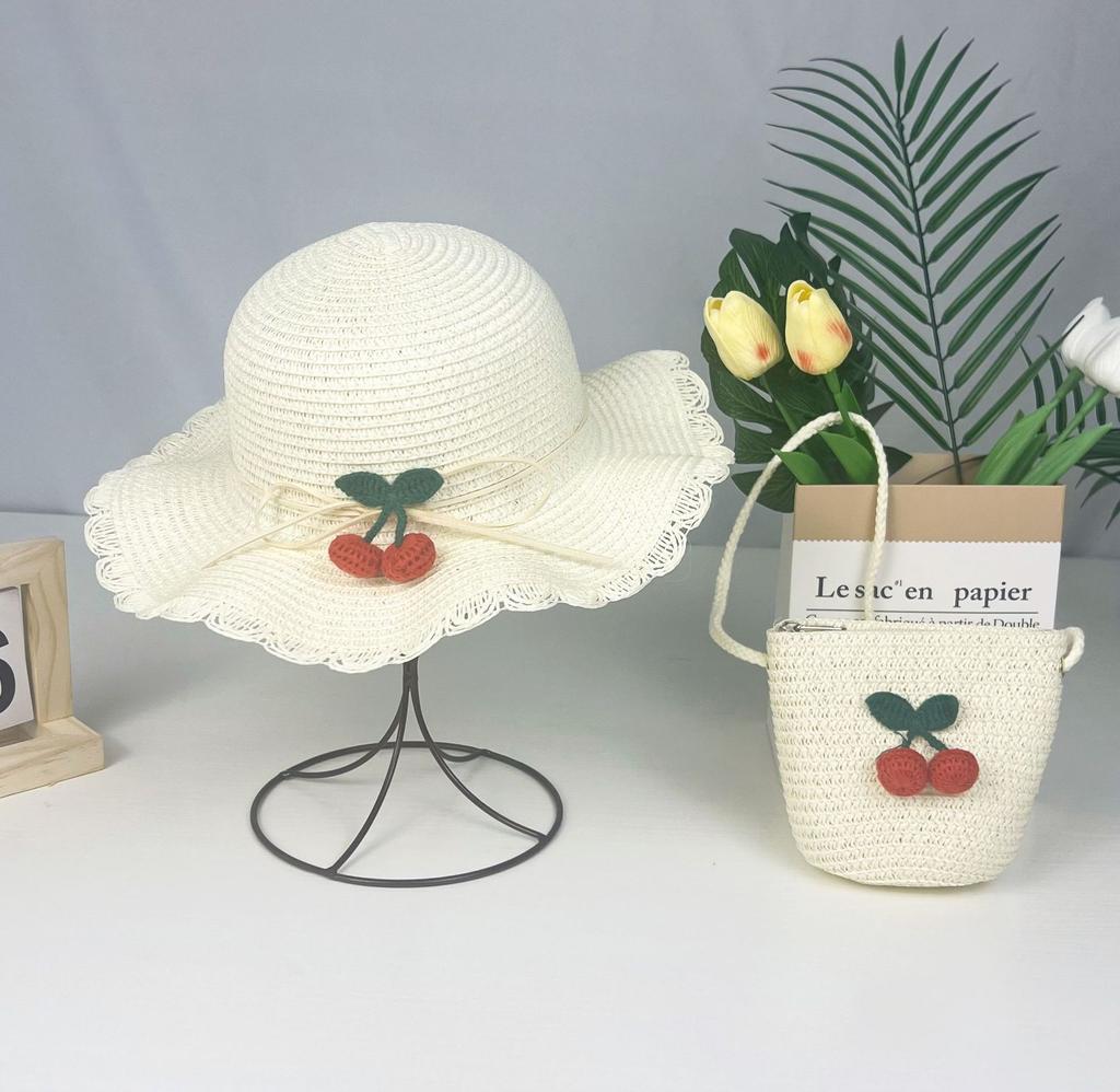 Children Straw Hat + Shoulder Bag Summer Kids Girl Baby 2pcs Set Cute Cherry Bucket Hat For Outdoor Beach Holiday