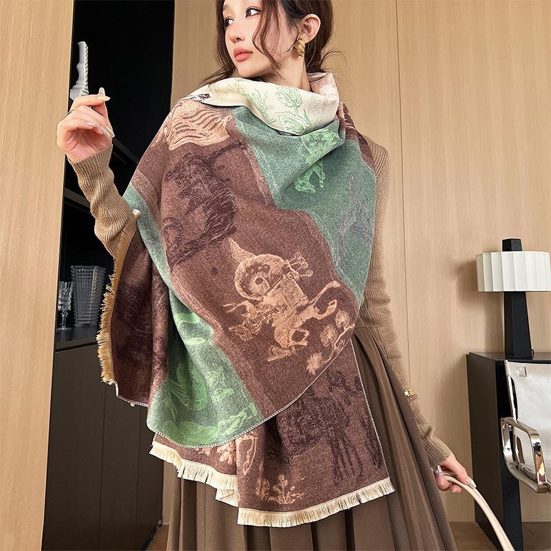 Winter Elegant and Fashionable Imitation Cashmere Scarf New All Creatures Double-sided Versatile Scarf Cold proof Warm Shawl