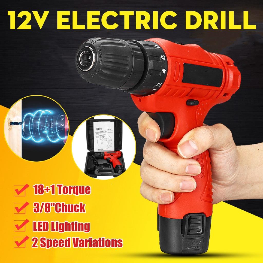 12V Electric Cordless Drill Screwdriver Hand Drill 2 Speed 18+1 Torque Adjustment Li-Ion Battery Rechargeable Power Tool