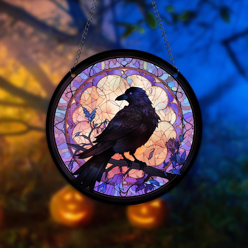 Raven Stained Glass Suncatcher Window Hanging Decoration Halloween Gothic Crow Glass Ornament for Window Home Kitchen