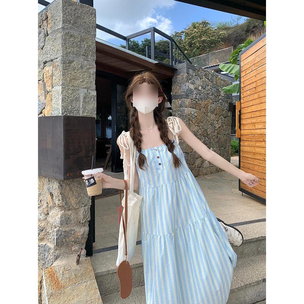 Blue striped suspender dress children's summer new women's small seaside vacation dress