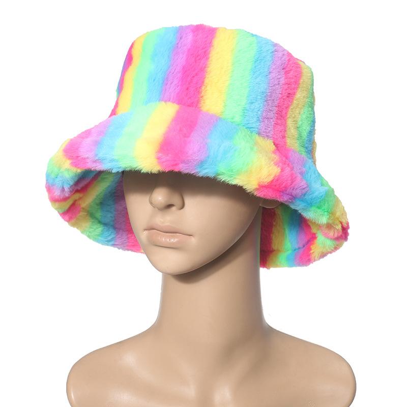New Thermal Basin Hat Imitation Rabbit Hair Female Internet Celebrity Trend Female Colorful Rainbow Striped Bucket Hat Winter 2025