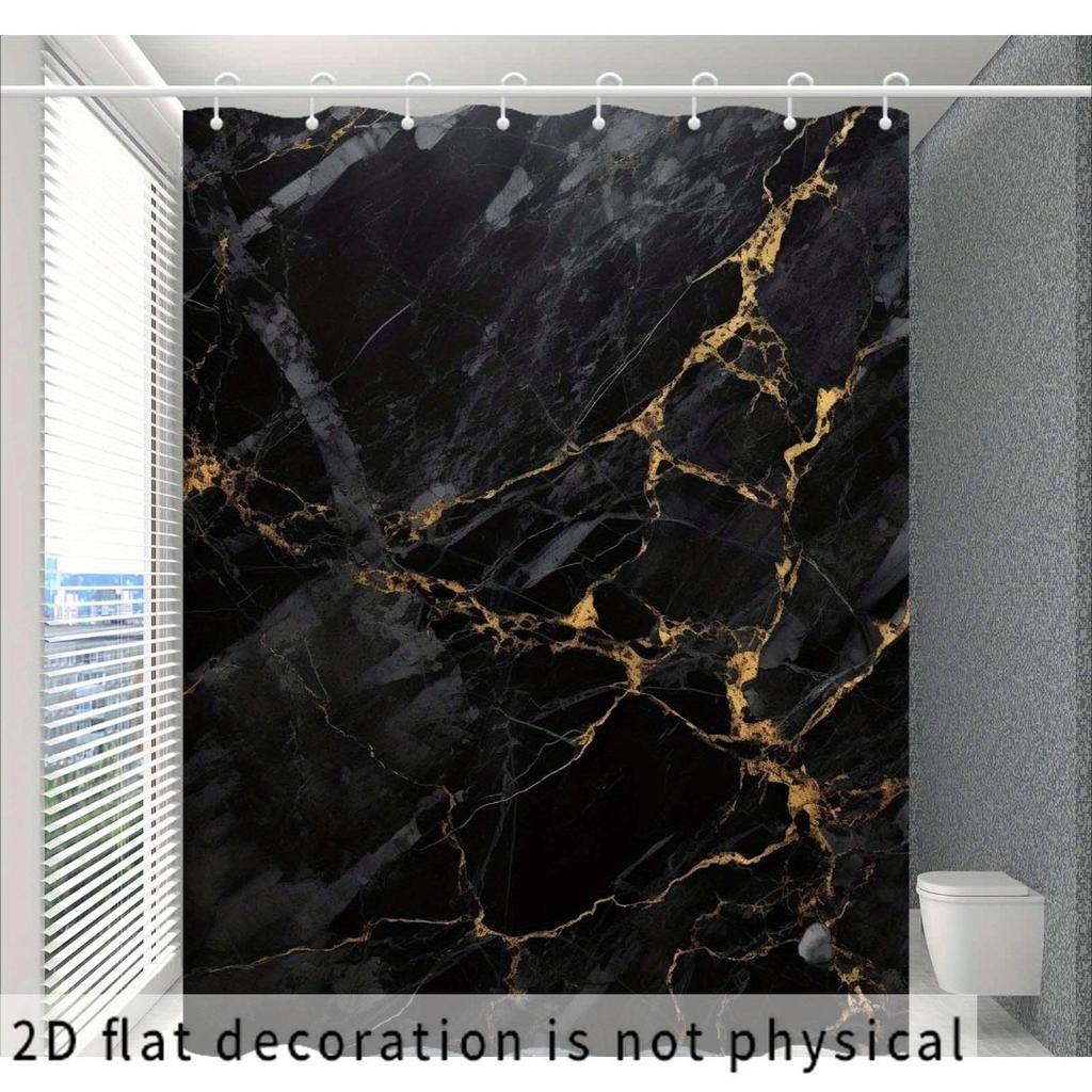 2D Flat, 2D Flat, 2D Flat Shower Curtain 1pc, Fashionable Black Marble Pattern Curtain, High-End Elegant Bathroom Curtain, Multi