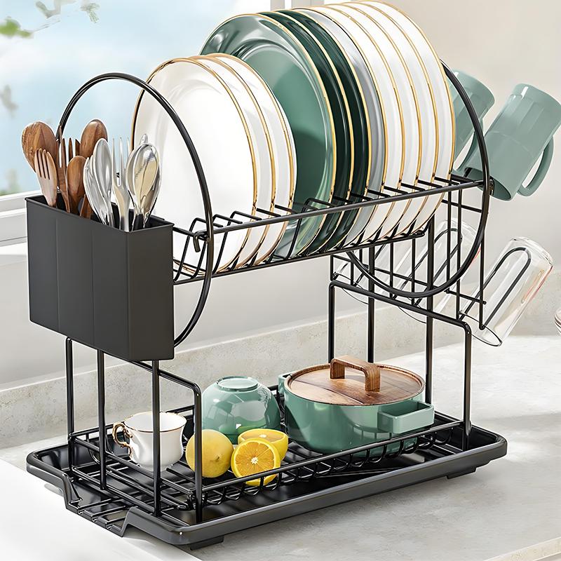 1 набор модернизированной высококачественной двухъярусной сушилки для мисок тарелок и посуды из углеродистой стали большой вместимости для мисок тарелок блюд ножей 2-tier 3390₽