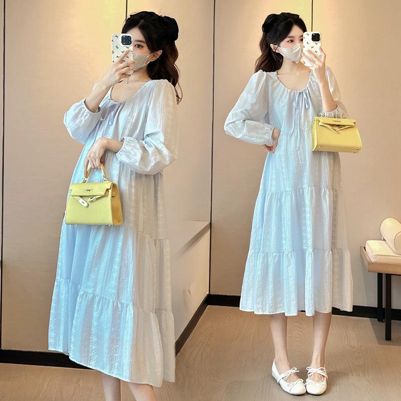 

2026 Autumn Korean Style Plus Size Maternity Midi Dress: Fashionable and Simple XL светло-синий
