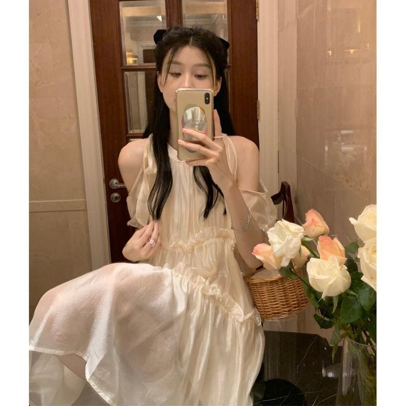 Pure desire wind open shoulder straps crew neck dress women's new summer gentle temperament sweet first love skirt
