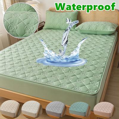 2024 New Super Waterproof Bed Fitted Sheet With Elastic Band Bed Sheet Quilted Mattress Cover Solid Color Mattress Protector Queen Size Bed Cover