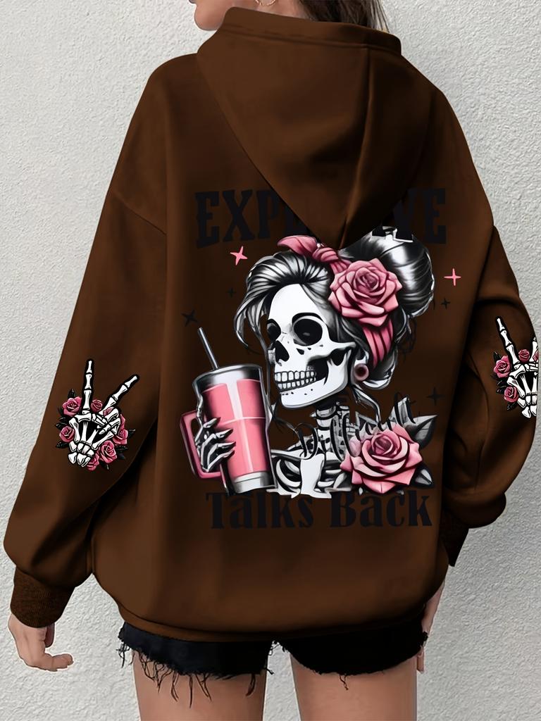 Skull Letter Printed Hoodie Casual Hoodie, Women's Autumn and Winter Fashionable Casual Hoodie