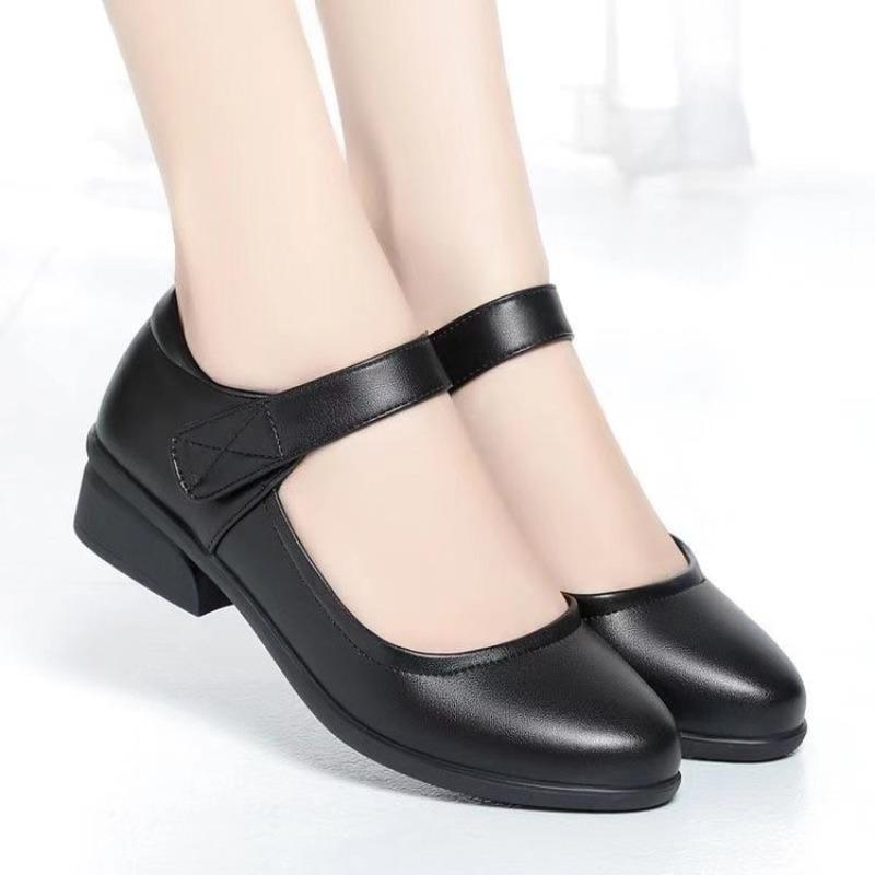 New round head soft leather shoes daily casual soft sole single shoes medium old thick heel medium heel Velcro leather shoes women