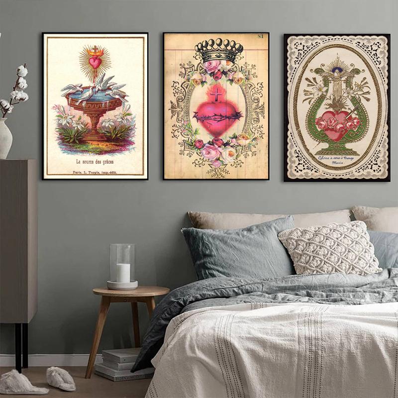 Vintage Sacred Heart of Jesus Poster Abstract Religion Canvas Painting Retro Flower Wall Art Picture For Home Decoration