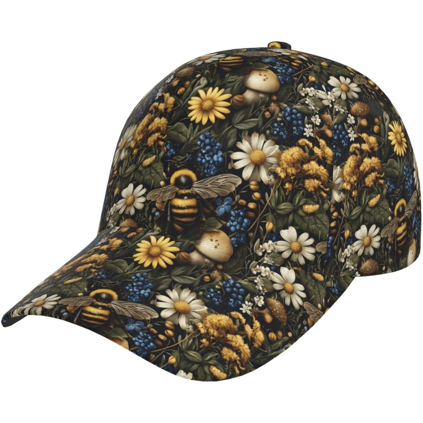 Trucker Hat Men Women Daisy Flower Bee Print Adjustable Baseball Cap Hiking Running Dad Golf Hat Black One Size