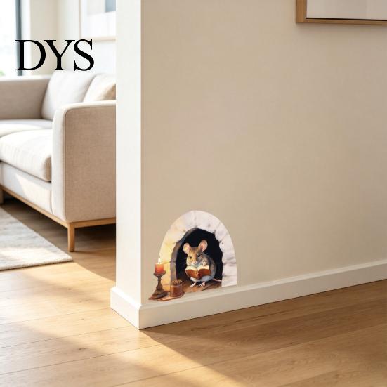Durable Decorative Wall Stickers 3D Mouse Hole Decals, Peel And Stick Cute Cartoon Mice Reading Sticker, Visual Decals Vinyl for Kids Room Bedroom