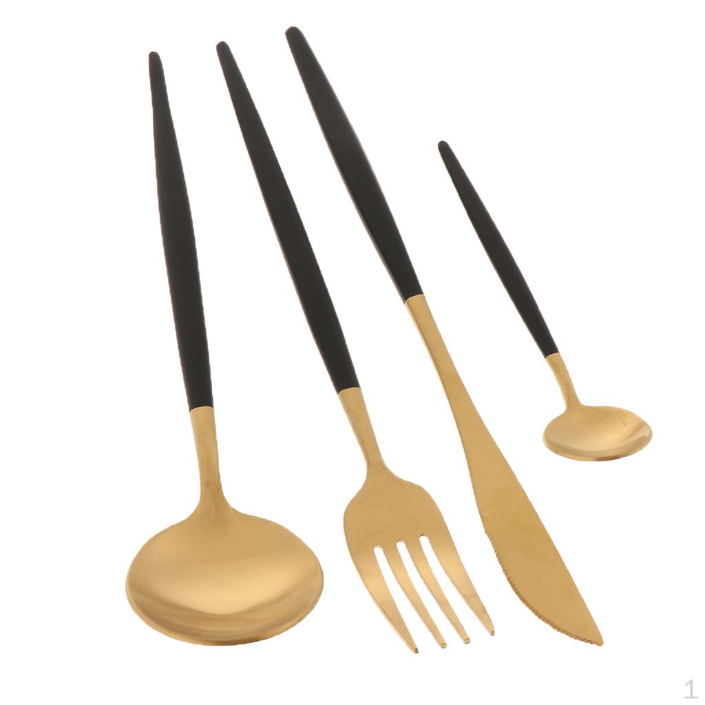4 Piece Stainless Steel Romantic Dinner Flatware Wedding Travelling Black and Golden