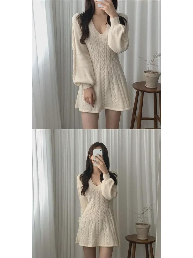 Korean Style Autumn/Winter 2024 Lantern Sleeve V-Neck Cinched Waist Knit Dress and Sweater Skirt
