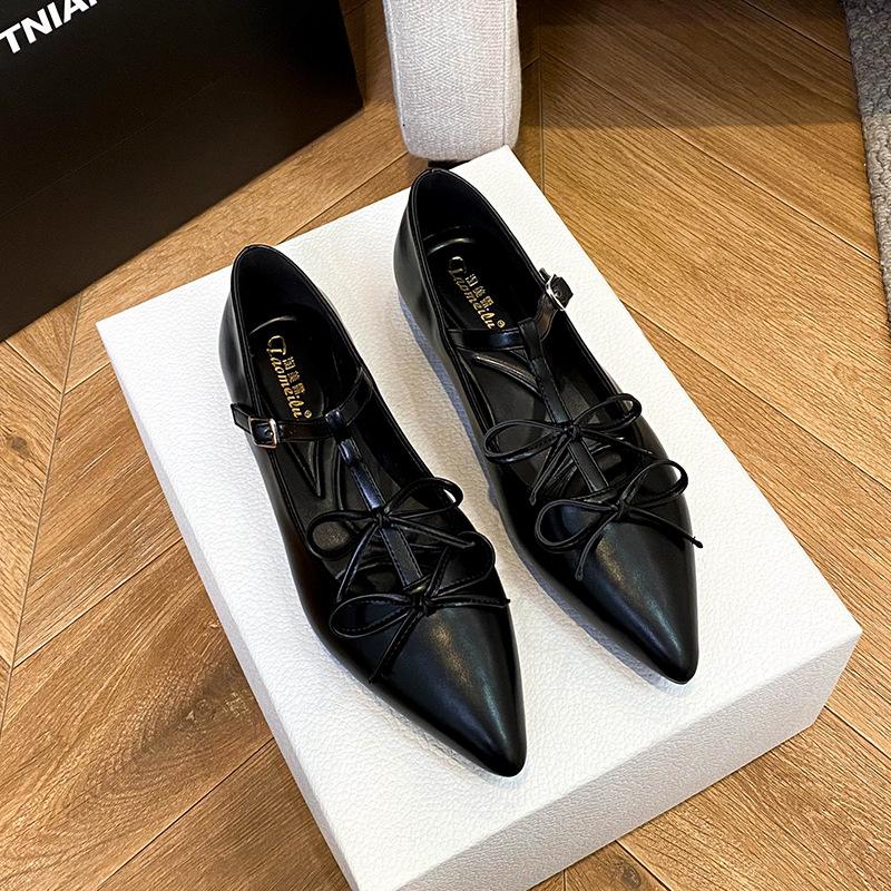 Fashion Pointed Toe Double Bowtie Flat Shoes Woman Silver Leather Ballet Flats Ankle Belt T-strap Moccasins Women Mary Janes Big Size 43