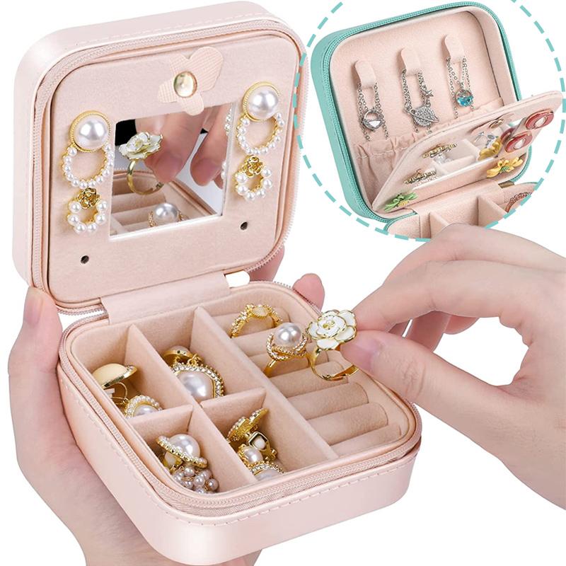 

Jewelry Organizer PU Leather Storage Box With Mirror Travel Portable Earring Holder Display Flannel Jewelry Box Women Girl