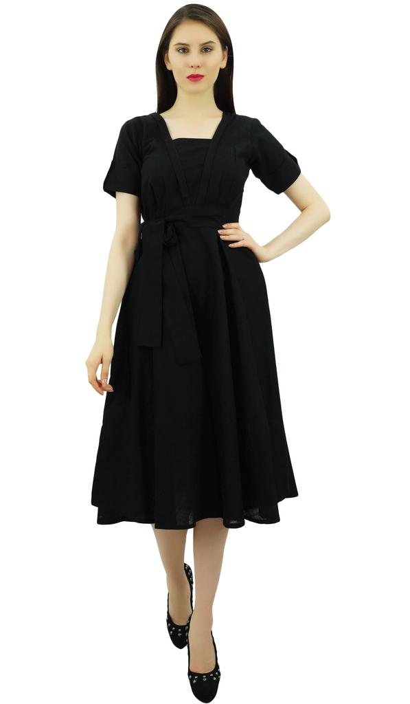 Bimba Damen Kurzarm Leinen Etuikleid Mit Gürtel Freizeitkleider