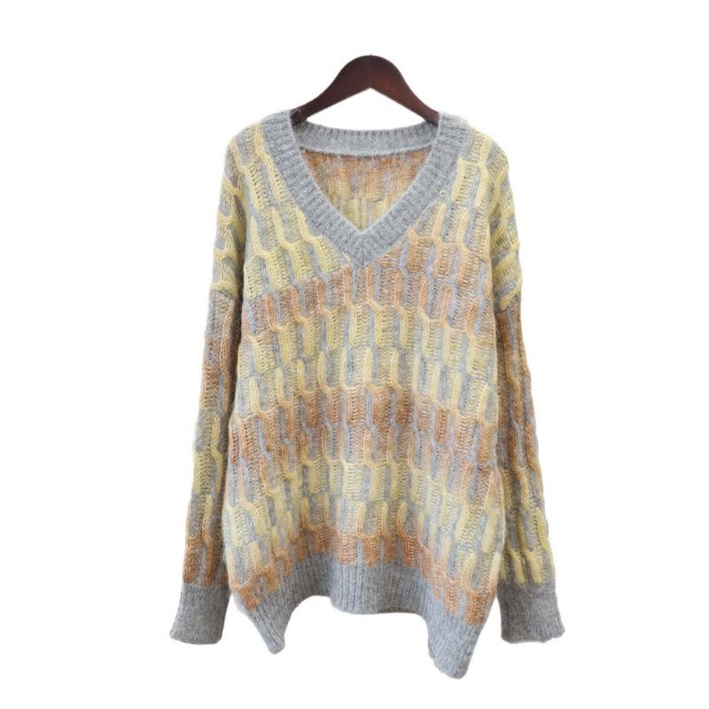 Gentle wind gradual change sweater pullover autumn and winter new medium and long V-neck loose knitted sweater top women