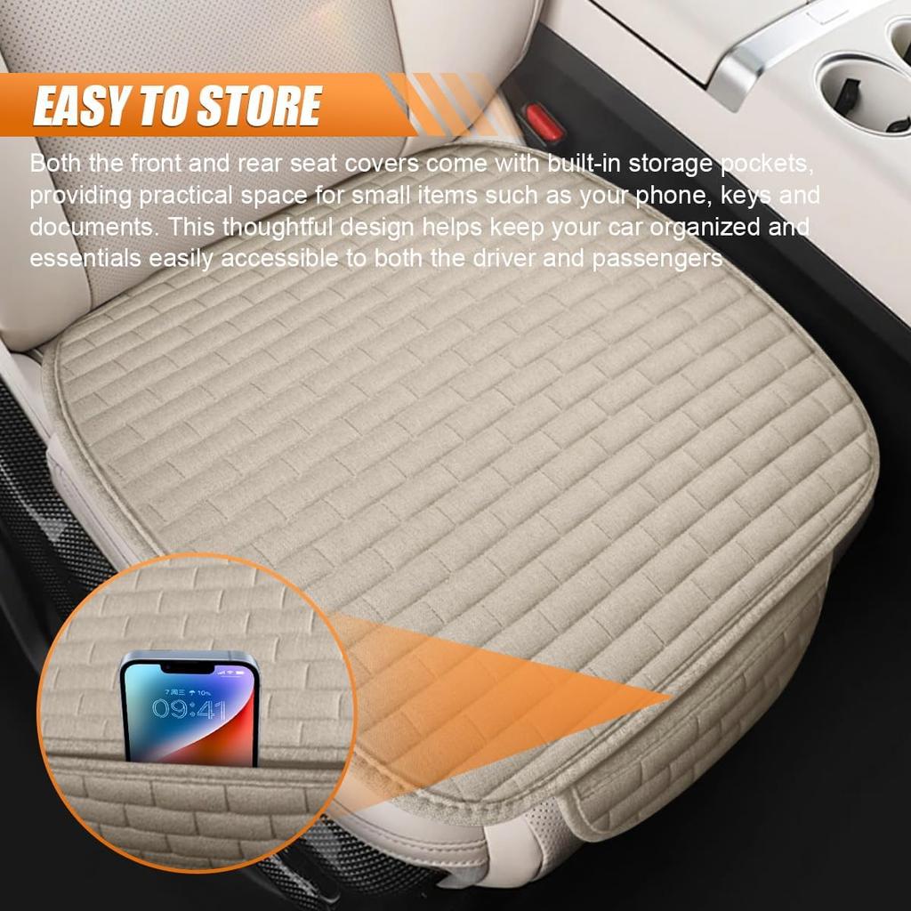 Car Front Seat Cover, Breathable Linen Automotive Seats Cushion, Anti-Slip Vehicle Seat Pad With Storage Pocket, Universal Auto Seats Protection Mat