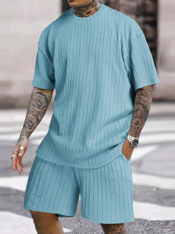 

Мужской комплект футболка с коротким рукавом и шорты в рубчик, повседневная спортивная одежда, свободный крой, несколько цветов XXL синий