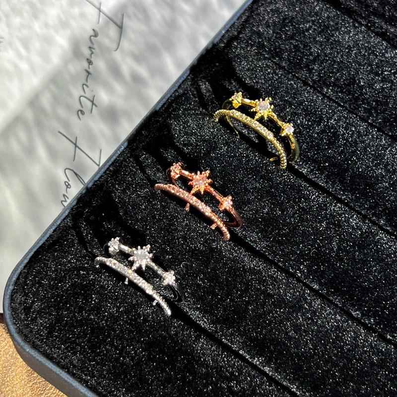 Korean Double Layer Hollow Starry Open Ring - Women's Elegant Simple Style Finger Ring