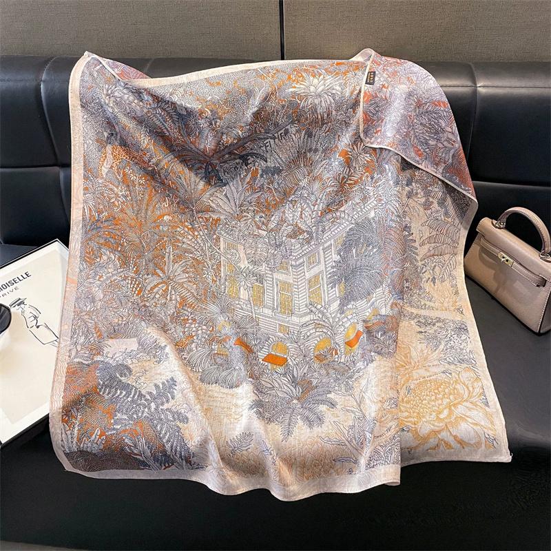 Double-Sided Faux Silk And Wool Printed Scarf For Women Spring And Autumn 90Cm Square Scarf Foulard Bandana Femmel Headscarf