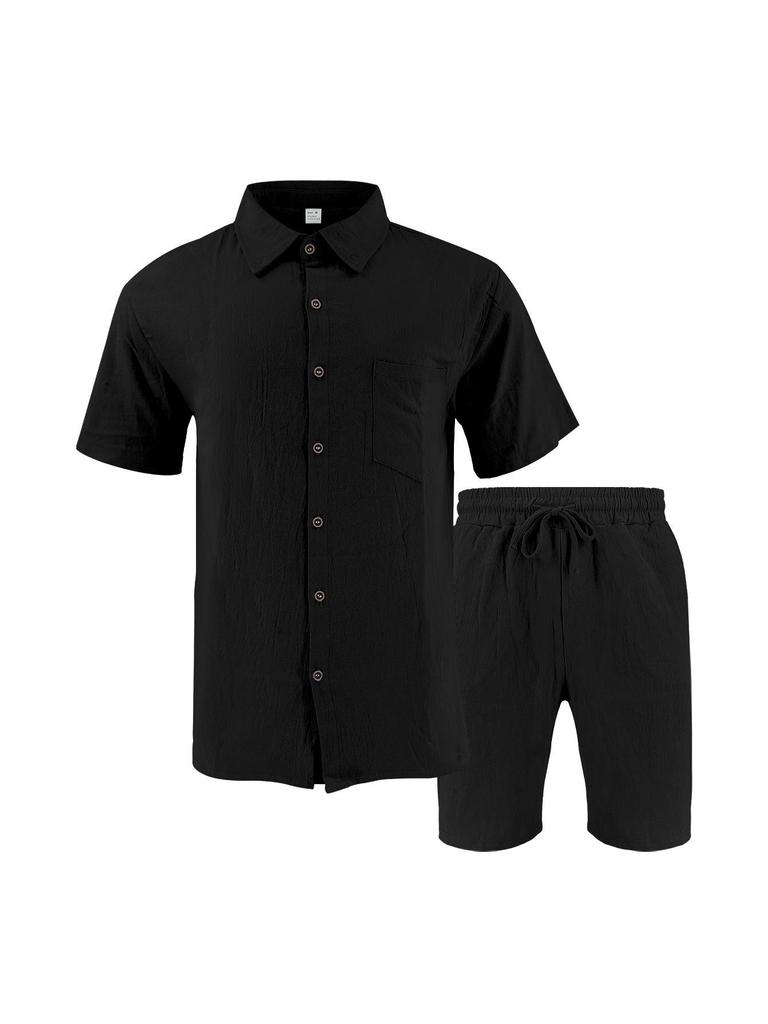 Men's Summer Linen Short-Sleeve Shirt & Shorts Set - Casual Loose Fit, Cotton-Linen Fabric.