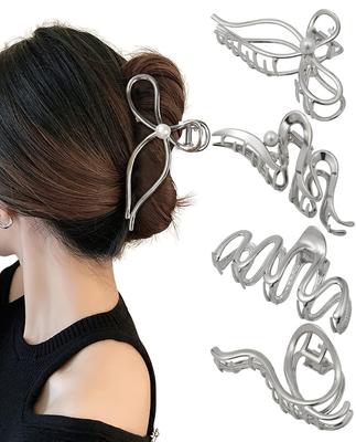 4 Pezzi Pinze per Capelli in Metallo - Pinze Grandi Irregolari per Donna, Accessori Styling Antiscivolo per Capelli Spessi e Sottili (Argento)