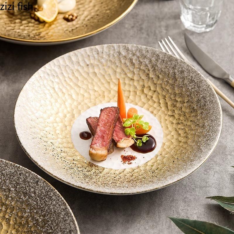 Assiette en céramique à texture martelée créative, assiette à salade, assiette à pâtes, plat à sashimi, assiettes profondes, vaisselle de présentation de cuisine moléculaire d'hôtel