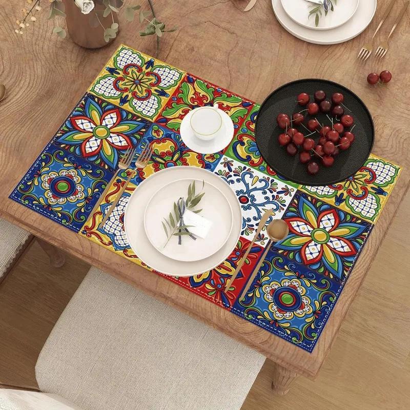 1PC Mexican Talavera Ceramic Tile Printed Placemats Washable Placemats Are Suitable for Kitchen Party Restaurants