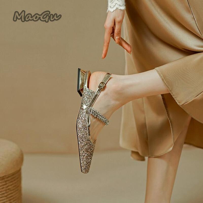 Fashion French Rhinestone Strap Sequins Women Square Toe Shoes Mary Jane's Sandals Thick Low Heel Pumps Slingback Women Sandals Size39