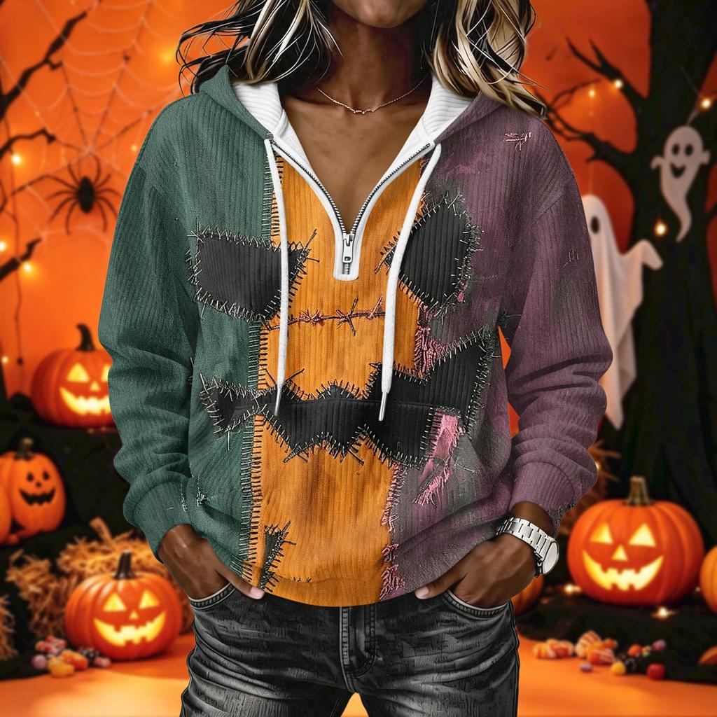 Felpa con cappuccio e stampa di Halloween da donna a maniche lunghe