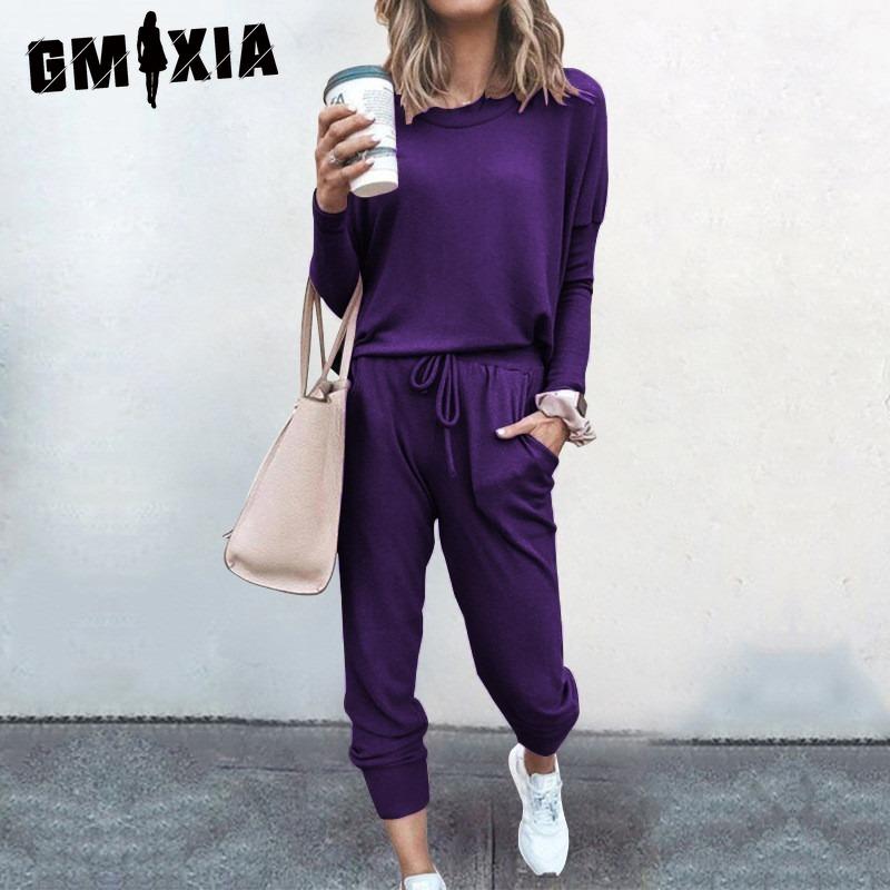 

GMXIA Весенне-осенний женский свободный однотонный костюм с длинными рукавами и длинными брюками в повседневном стиле XXXL фиолетовый