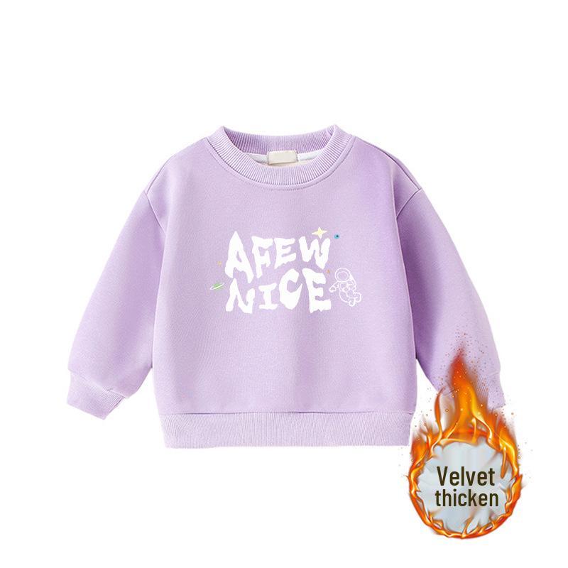 Children's Cartoon Print Velvet Lined Hoodie - Round Neck, Long Sleeve, Thickened Warm Base Layer
