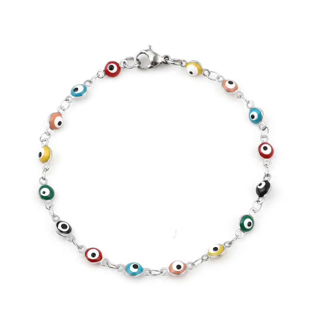 Stainless Steel Bracelets Round Evil Eye Enamel Jewelry Silver Color Hand Turkish Jewelry Bangle Boho Women Bracelet 19.5cm Long
