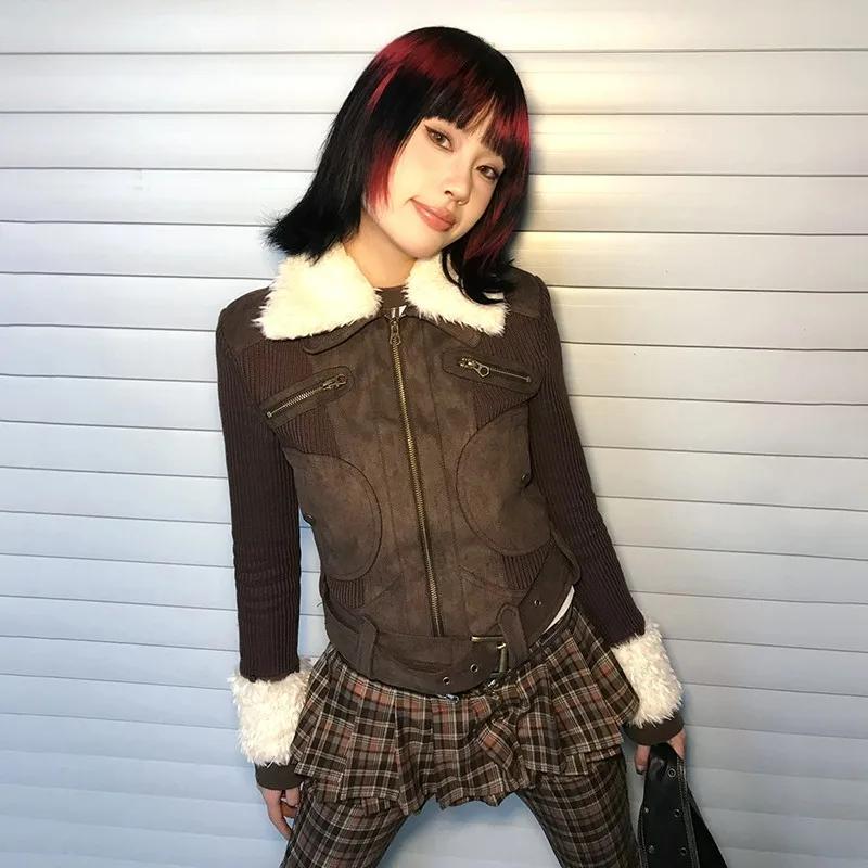 Y2k Fur Coat Women Vintage Harajuku Knitted Jacket Grunge Aesthetics Fur Collar Zipper Coat