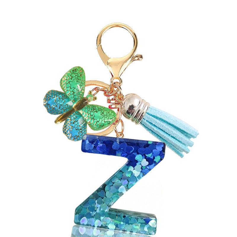 Fashion Blue Glazed Stone A To Z Letter Keychain 26 Initials Alphabet Butterfly Tassel Pendant Car Key Chain Women Jewelry GIfts