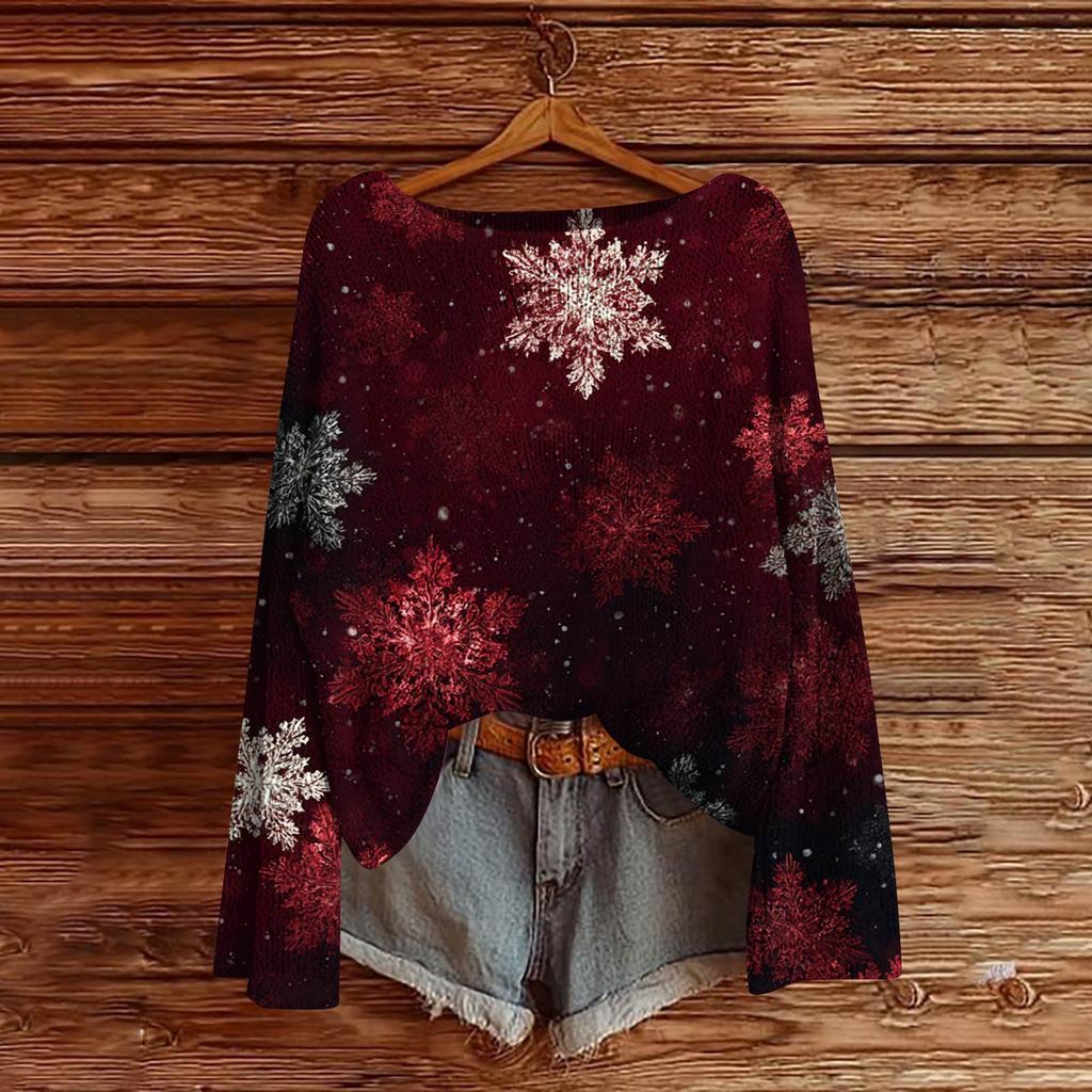 Women's Fashion Christmas Print Lightweight Sweater Casual Long-Sleeve Knit Pullover Top
