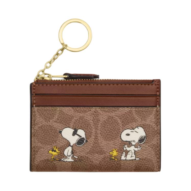 Coach X Peanuts Brown Signature Zip Card Case with Snoopy Print & Key Ring for Daily Use Basic Set (Bag+Dust Bag)