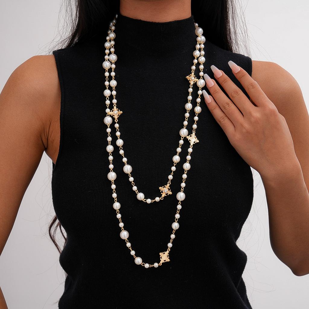 Diamond-encrusted imitation pearl beaded cross stacked sweater chain retro elegant necklace