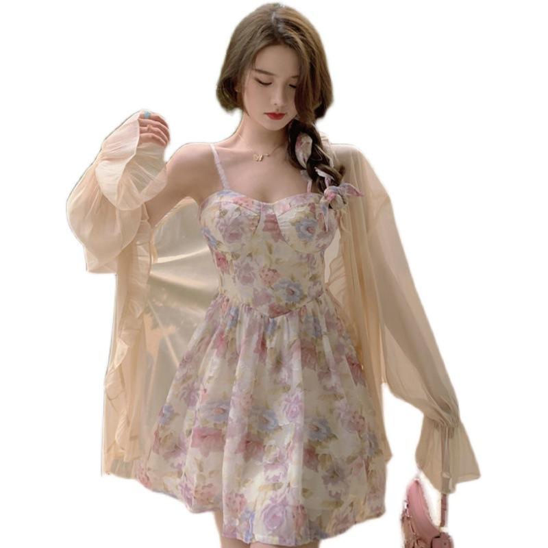 Suit Women's Summer New Sunscreen Cardigan + French Waist Temperament Floral Suspender Dress Two-piece Set