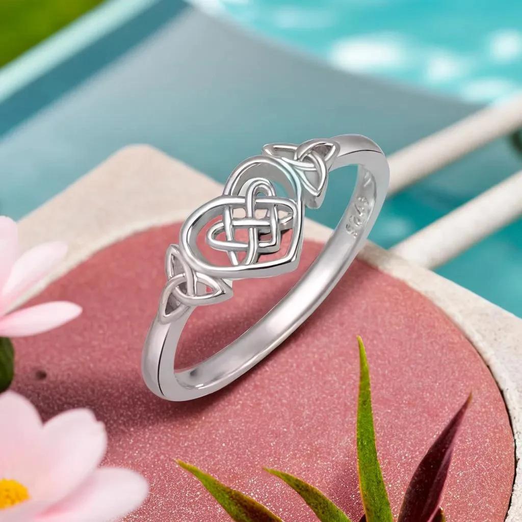 

S925 Silver Celtic Knot Heart Rings for Women High Polish Tarnish Resistant Eternity Wedding Band Hollow Out Geometric Jewelry 6 белый