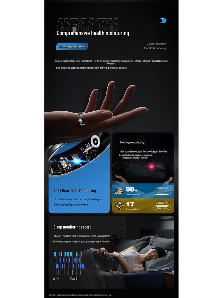 Wodoodporny Smart Ring: Tętno, Natlenienie krwi, Monitorowanie snu i aktywności fizycznej Krokomierz.