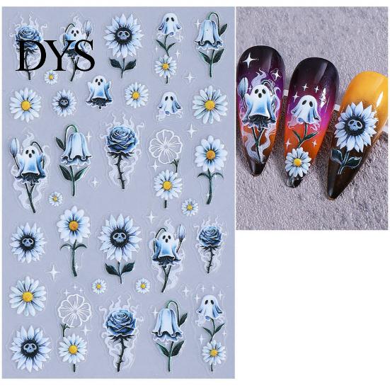 Self-Adhesive Manicure Decals Halloween 3D Embossed Nail Stickers, Gothic Flower Ghost Decor PVC Stickers Decals, Women Girls Art Accessories