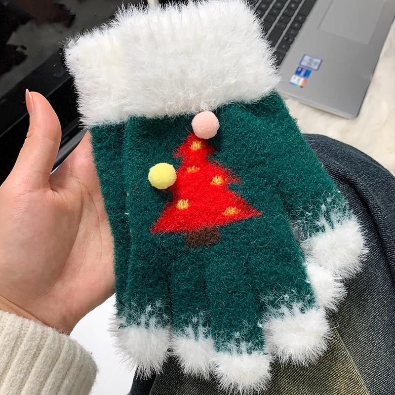 1 Par Handskar Varma Med Blottade Fingrar Cykel Julgran Söta Pekskärm Studenter Fluffiga Utomhus Snöflinga Vinter Kvinnor