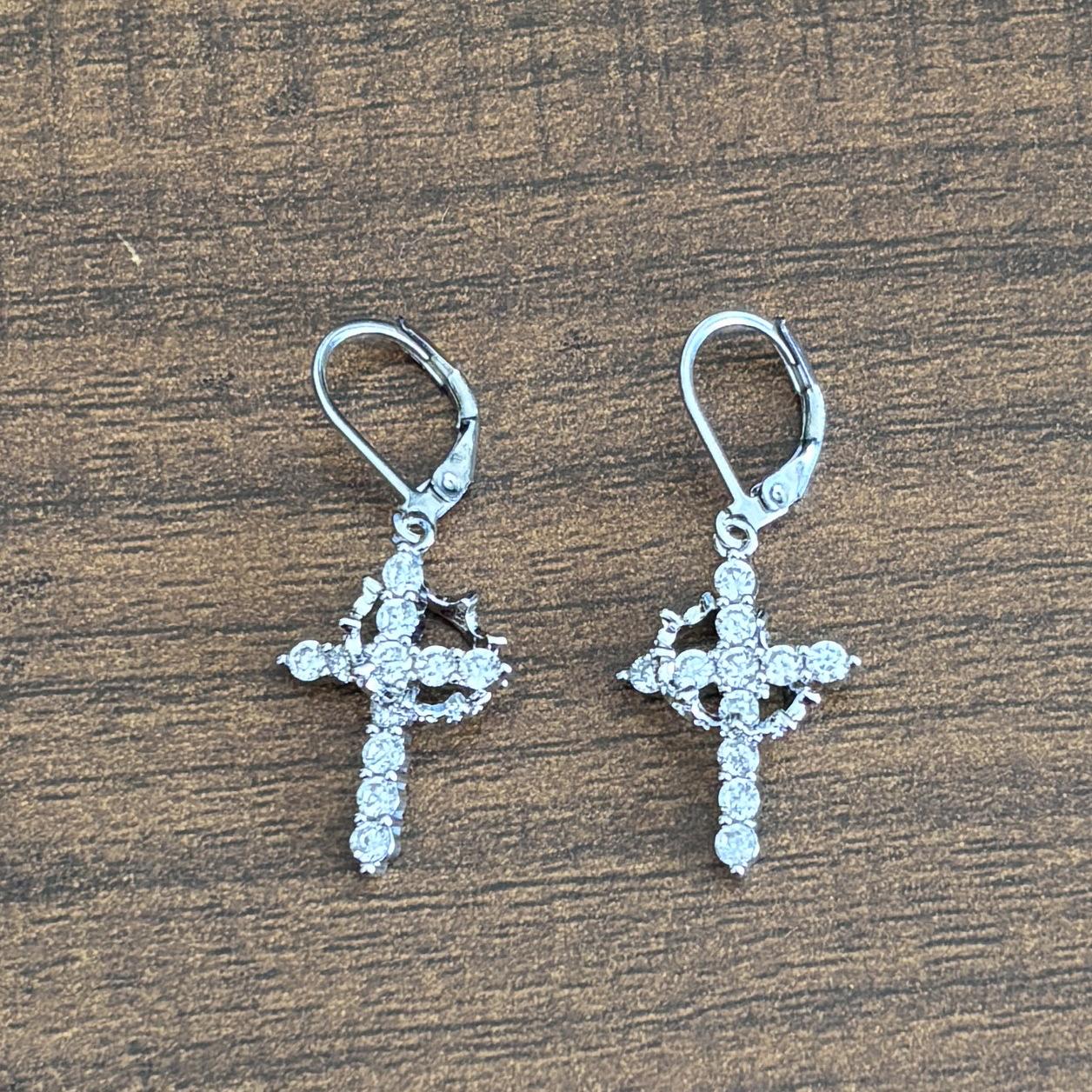 3A Zircon Crown Cross Earrings Rotating Hoop Drop Earrings Fashionable Dangle Ear Jewelry For Women Gift