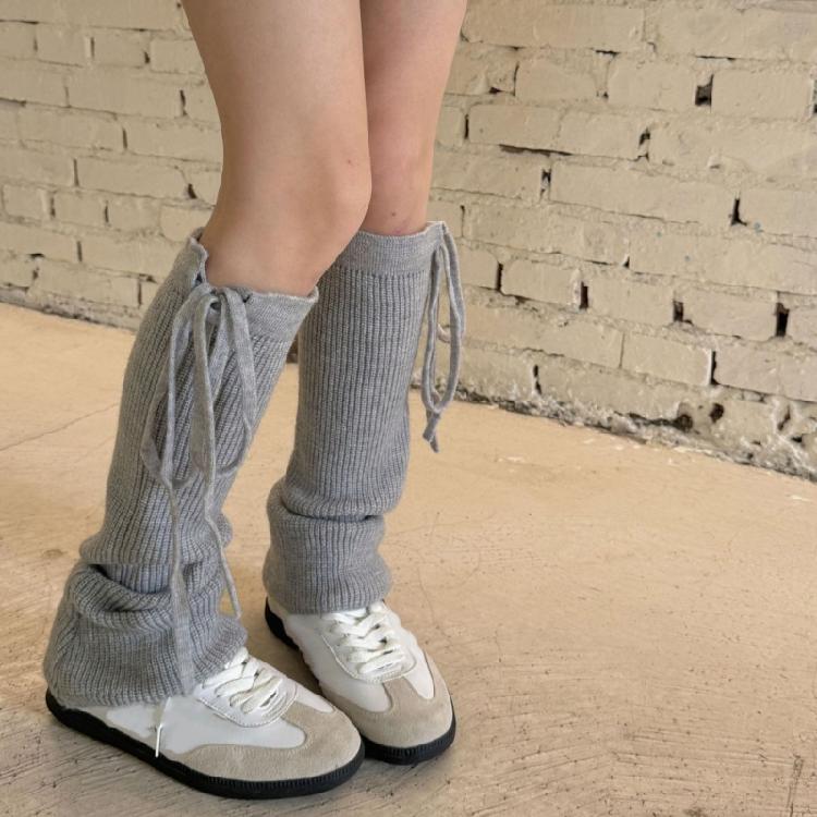 Thickened Leg Warmers with Ties Drawstring for Women Ribbed Knit Vertical Striped Boot Covers Socks for Outdoor Activity