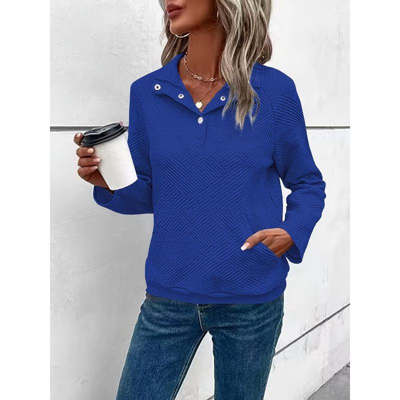 Buttoned Collar Long Sleeve Solid Texture Casual Women S Sweatshirt